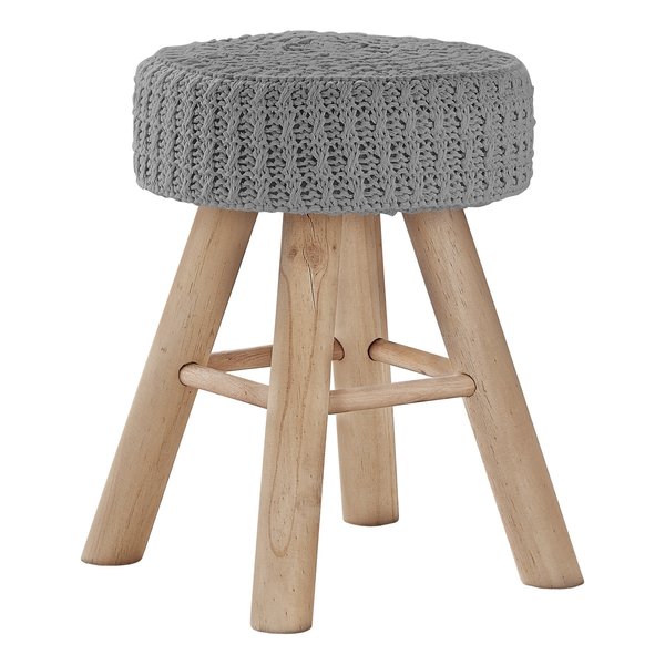 Monarch Specialties Ottoman, Pouf, Footrest, Foot Stool, 12" Round, Velvet, Wood Legs, Grey, Natural, Contemporary I 9013